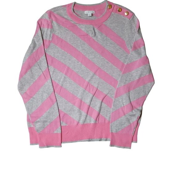 Charter Club Sweater XL Pink Gray Striped Crew Neck Pullover Gold Buttons - Picture 1 of 5